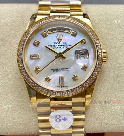 Rolex 8+ Factory DayDate 1-1 Gain Weight 36mm Mop Dial Diamond Bezel Copy Watch
